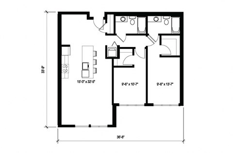 Floor plan for 2 beds, 2 baths, 1064 sqft